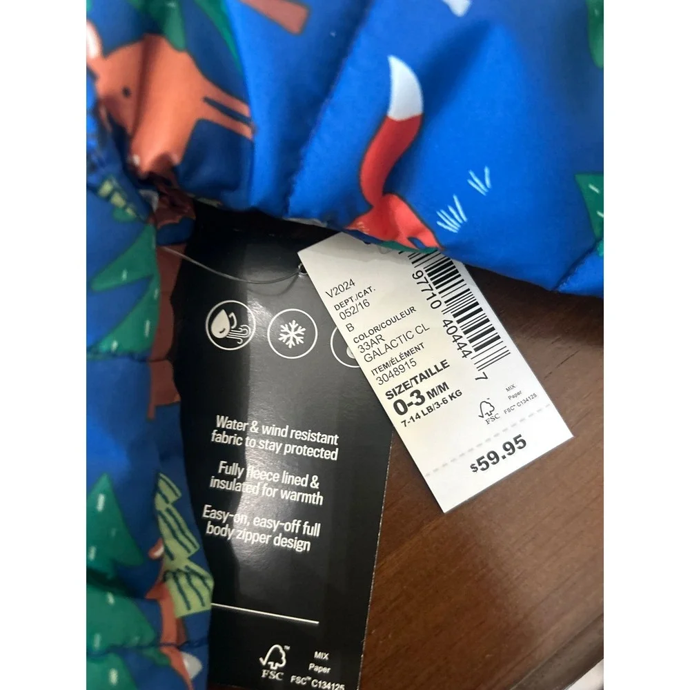 The Childrens Place Kids 0-3M Snowsuit Woodland Animal Puffer Bunting Blue